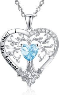 wholesale Sterling Silver Birthstone Tree of Life Heart Pendant Necklace for Women-03 Mar - Aquamarine
