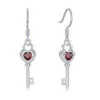 wholesale 925 Sterling Silver Key Shaped Heart Pendant with Red Garnet and Cubic Zirconia Dangle Earrings for Valentine's Gift-Love Key