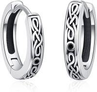 wholesale 925 Sterling Silver Norse Viking Celtic Knot Huggie Hoop Earrings with Black Onyx Accents-Black CZ Celtic