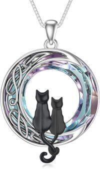 wholesale 925 Sterling Silver Celtic Cat on the Moon Pendant Necklace with Blue Circle Crystal for Women-2 Cats(Black and Black)-Purple Crystal-02-F