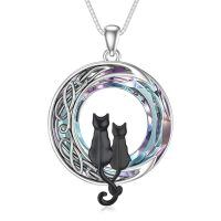 wholesale 925 Sterling Silver Cat Pendant Necklace-2 Cats(Black and Black)-Purple Crystal-02-F