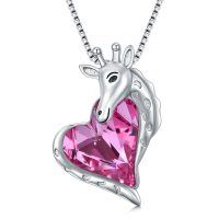 wholesale 925 Sterling Silver Pink Crystal Giraffe Head Heart Pendant Necklace for Girls and Women-Giraffe-Pink