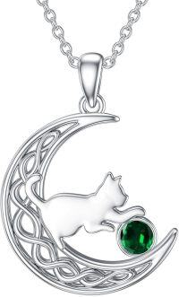 wholesale Sterling Silver Birthstone Cat in Moon Pendant Necklace for Women-May