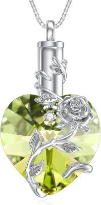 wholesale 925 Sterling Silver Birthstone Heart Rose Flower Urn Necklace for Ashes Memorial Jewelry-08-Aug-Peridot