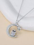 wholesale 925 Sterling Silver & 14K Gold Plated Moon Star Owl Pendant Necklace with CZ Stones - 36cm Chain Length-0-4