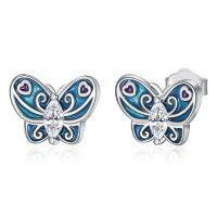 wholesale 925 Sterling Silver Blue Butterfly Cubic Zirconia Stud Earrings For Women-blue