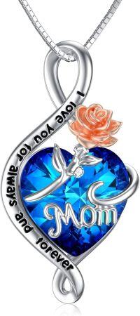 wholesale 925 Sterling Silver Blue Crystal Heart Rose Pendant Necklace for Mom-for mom-Blue
