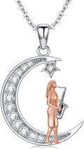 wholesale 925 Sterling Silver Crescent Moon & Star with Saxophone Charm Necklace for Women-0-0