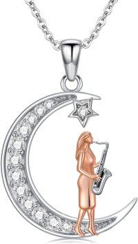 wholesale 925 Sterling Silver Crescent Moon & Star with Saxophone Charm Necklace for Women-Saxophone