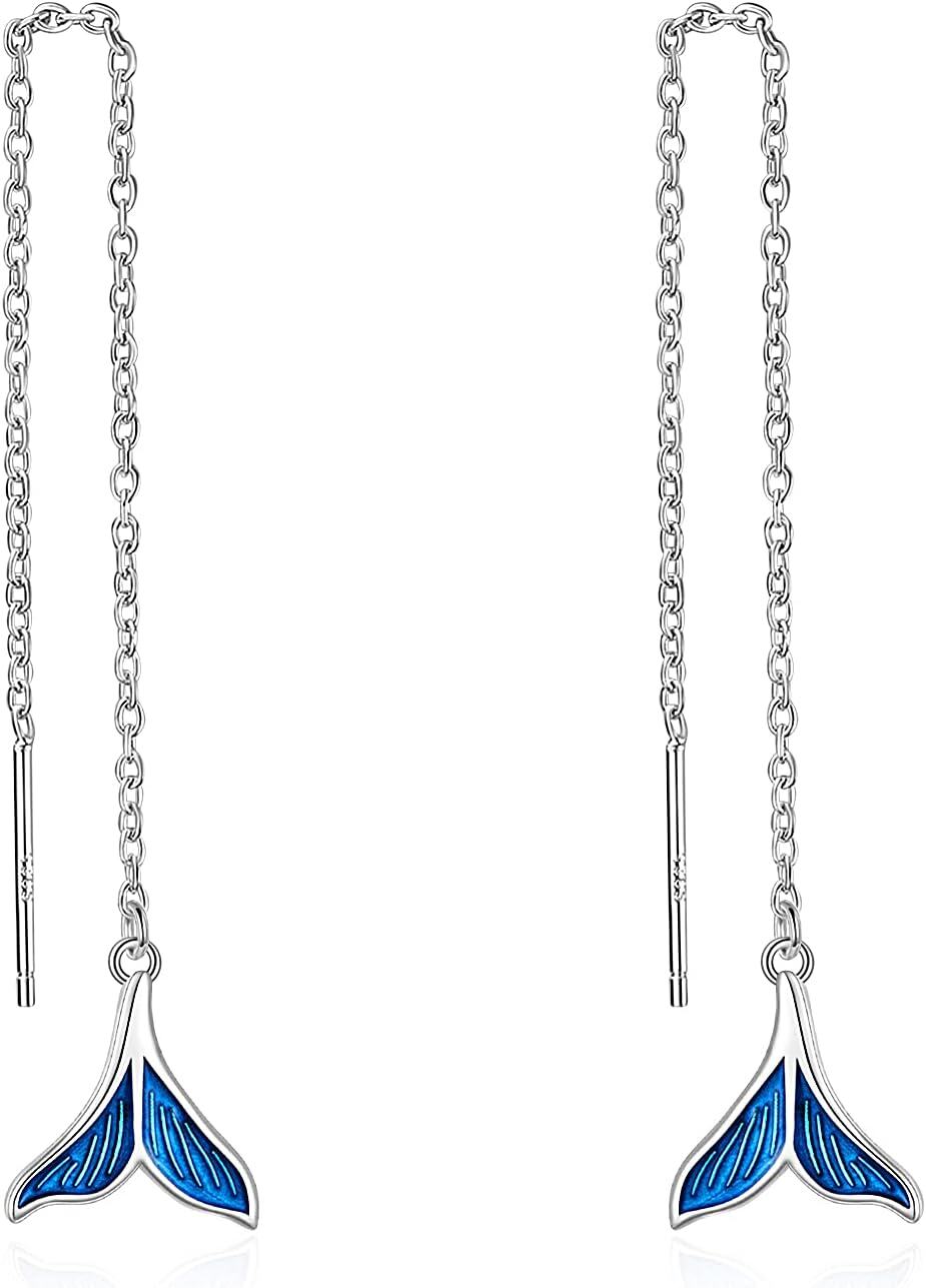 925 Sterling Silver Blue Enamel Mermaid Tail Drop Dangle Threader Earrings with Chain s for Women-0-0