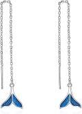 wholesale 925 Sterling Silver Mermaid Tail Threader Earrings with Blue Enamel and Chain for Women's-0-0