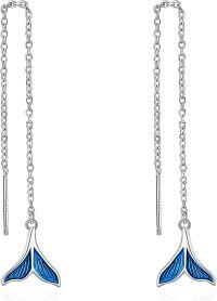wholesale 925 Sterling Silver Mermaid Tail Threader Earrings with Blue Enamel and Chain for Women's-Mermaid Tail