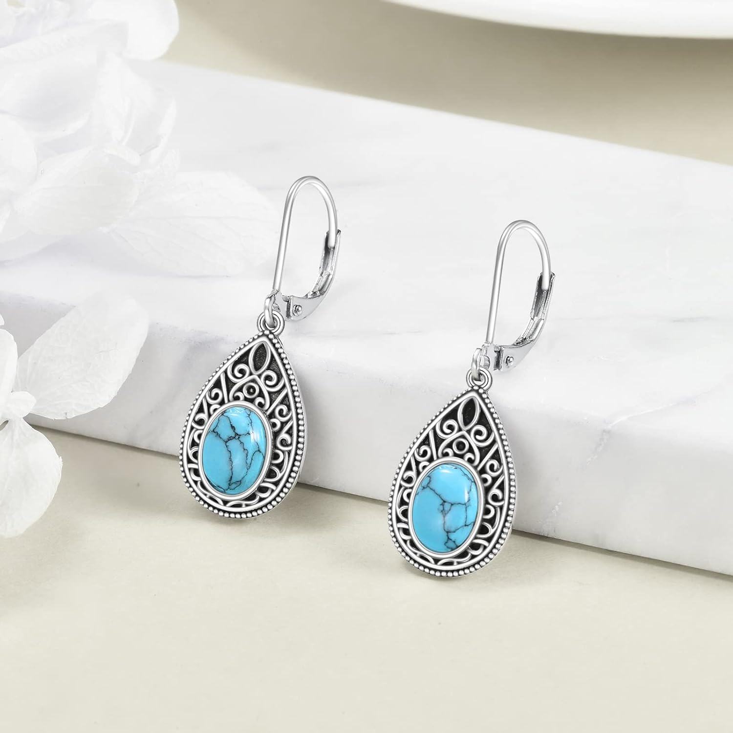 Sterling Silver Lapis Turquoise Onyx Agate Dangle Drop Leverback Earrings Western Boho Vintage Jewelry-0-2