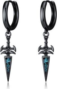 wholesale 925 Sterling Silver Black Cross Feather Sword Spike Star of David Dangle Earrings with Turquoise and Malachite inlaid on Abalone Shell for Men Women PUNK GOTHIC s-Sword-Turquoise