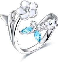 wholesale Sterling Silver Cubic Zirconia Butterfly Flower Adjustable Ring-Light Blue- Aquamarine