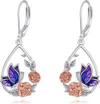 wholesale 925 Sterling Silver Floral Drop Earrings with Butterflies and Flowers for Women-rose flower and butterfly