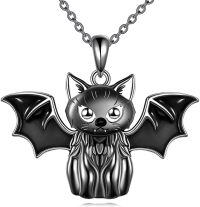 wholesale 925 Sterling Silver Black Enamel Bat Pendant Necklace Gothic Halloween Jewelry for Women-Bat Cat