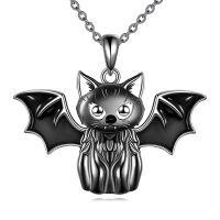 wholesale 925 Sterling Silver Black Enamel Bat Pendant Necklace Gothic Halloween Jewelry for Women-Bat Cat
