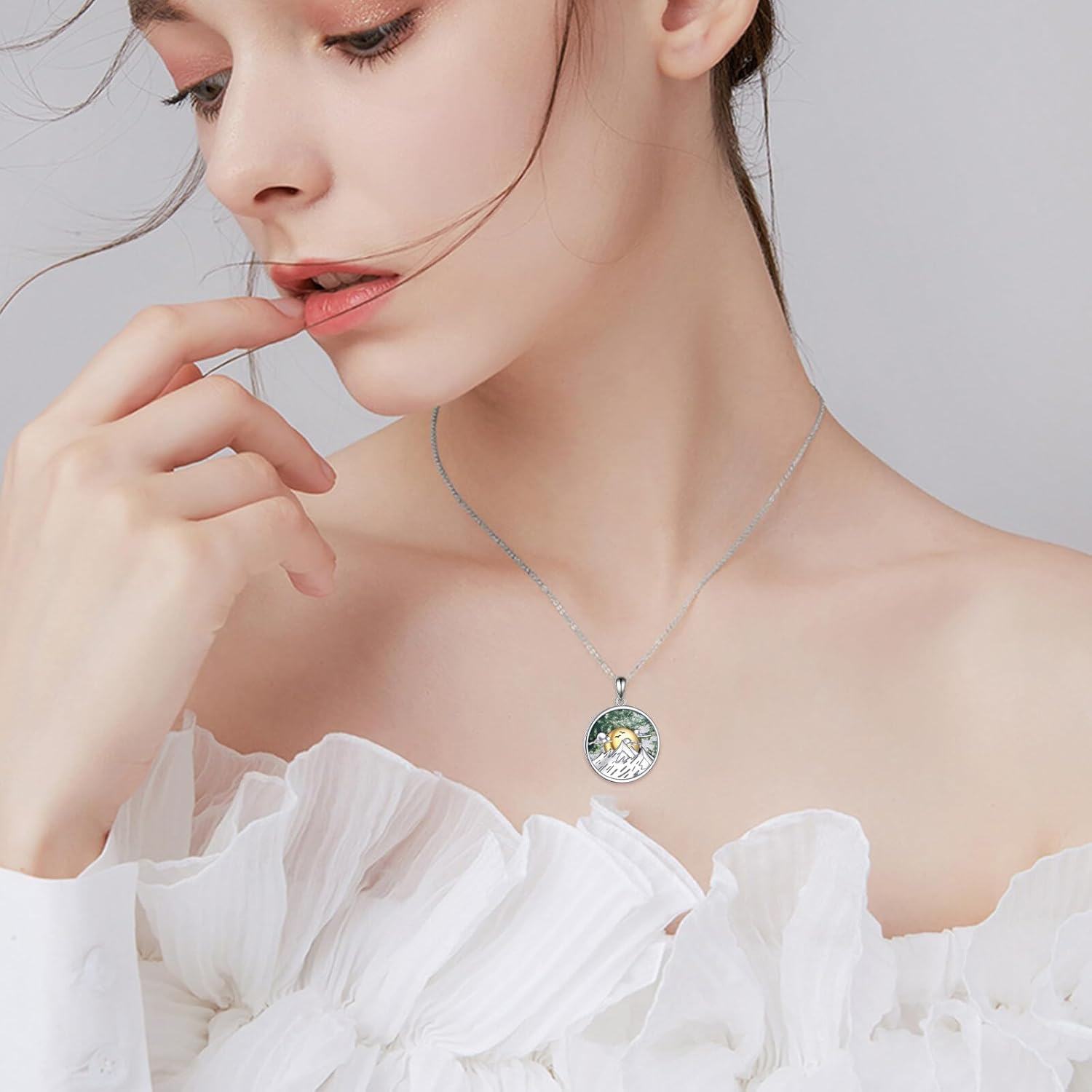 925 Sterling Silver Green Agate Mountain Scene Pendant Necklace for Women-0-4
