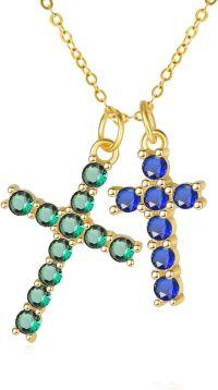 wholesale 14K Gold Sterling Silver Birthstone Double Cross Necklace for Women-05-09-May-Sept