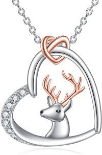 wholesale 925 Sterling Silver Deer Head in Heart Pendant Necklace with Cubic Zirconia Stones for Women Girls Gifts 45cm Chain Length-Deer Necklace