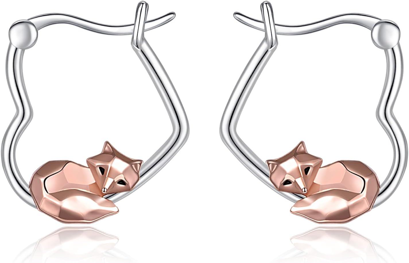 Sterling Silver Heart Hoop Animal Earrings Gifts for Women-Fox