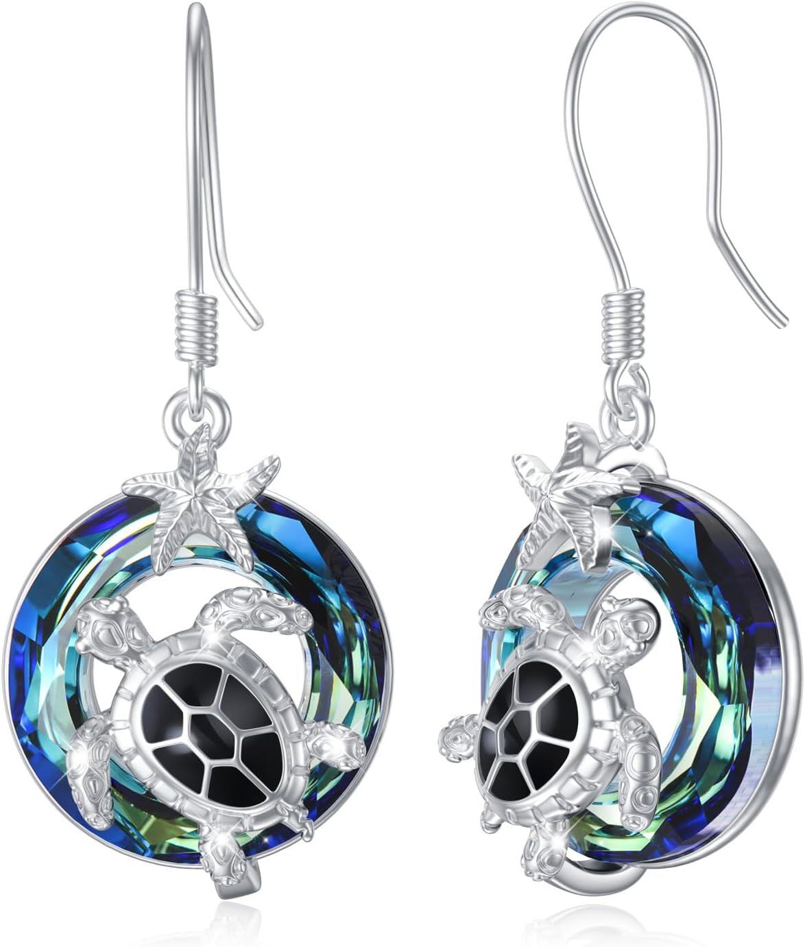 Sterling Silver Crystal Sea Turtle Dangle Earrings for Women Valentine s Day Gifts-Sea Turtle-Black Onyx