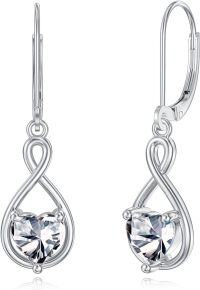 wholesale 925 Sterling Silver Birthstone Infinity Heart Dangle Drop Leverback Earrings for Women-April-Diamond,