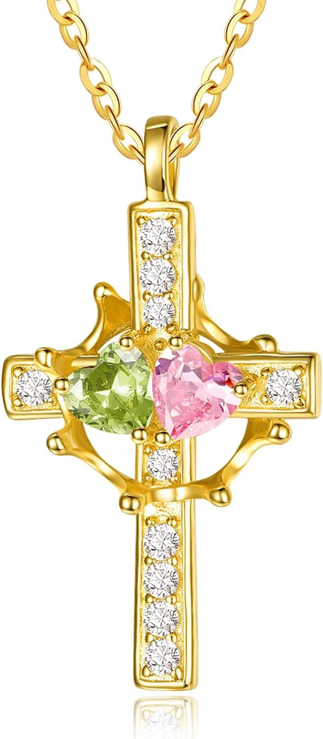 Sterling Silver Birthstones Gold Cross Necklace for Women -08-10-Aug-Oct-08-10-Aug-Oct
