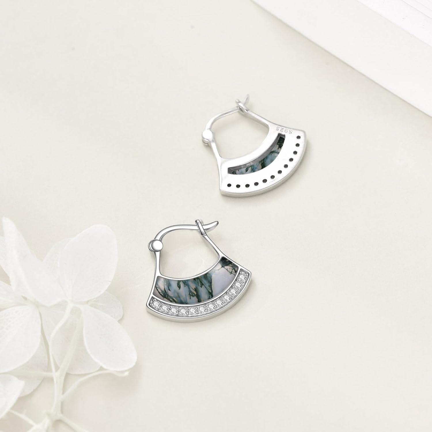 Sterling Silver Moonstone Peridot Pink Opal Black Onyx Larimar Moss Agate Small Fan Hoop Earrings-0-6