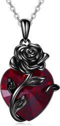 wholesale 925 Sterling Silver Black Rose Red Crystal Heart Pendant Necklace-0-0