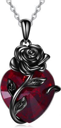 wholesale 925 Sterling Silver Black Rose Red Crystal Heart Pendant Necklace-Black Rose