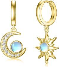 wholesale 925 Sterling Silver Blue Moonstone Sun & Crescent Moon Drop Hoop Earrings-Style 1-gold