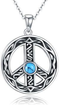 wholesale 925 Sterling Silver Round Peace Sign Turquoise Stone Pendant Necklace s for Women and Girls-Peace Sign
