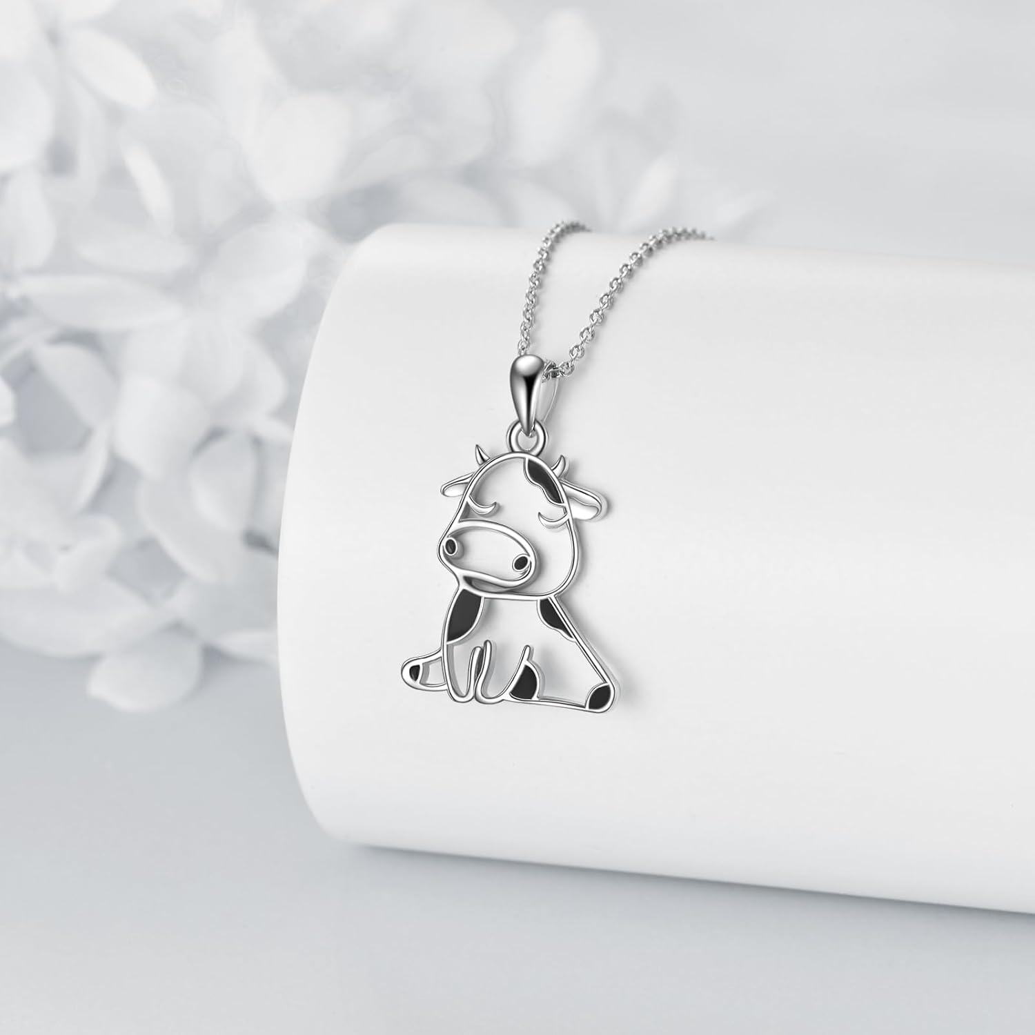 Sterling Silver Stone Cute Highland Cow Pendant Necklace for Women-0-1