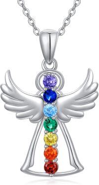 wholesale 925 Sterling Silver Rainbow Crystal Guardian Angel Wing Pendant Necklace for Women-Angle-3