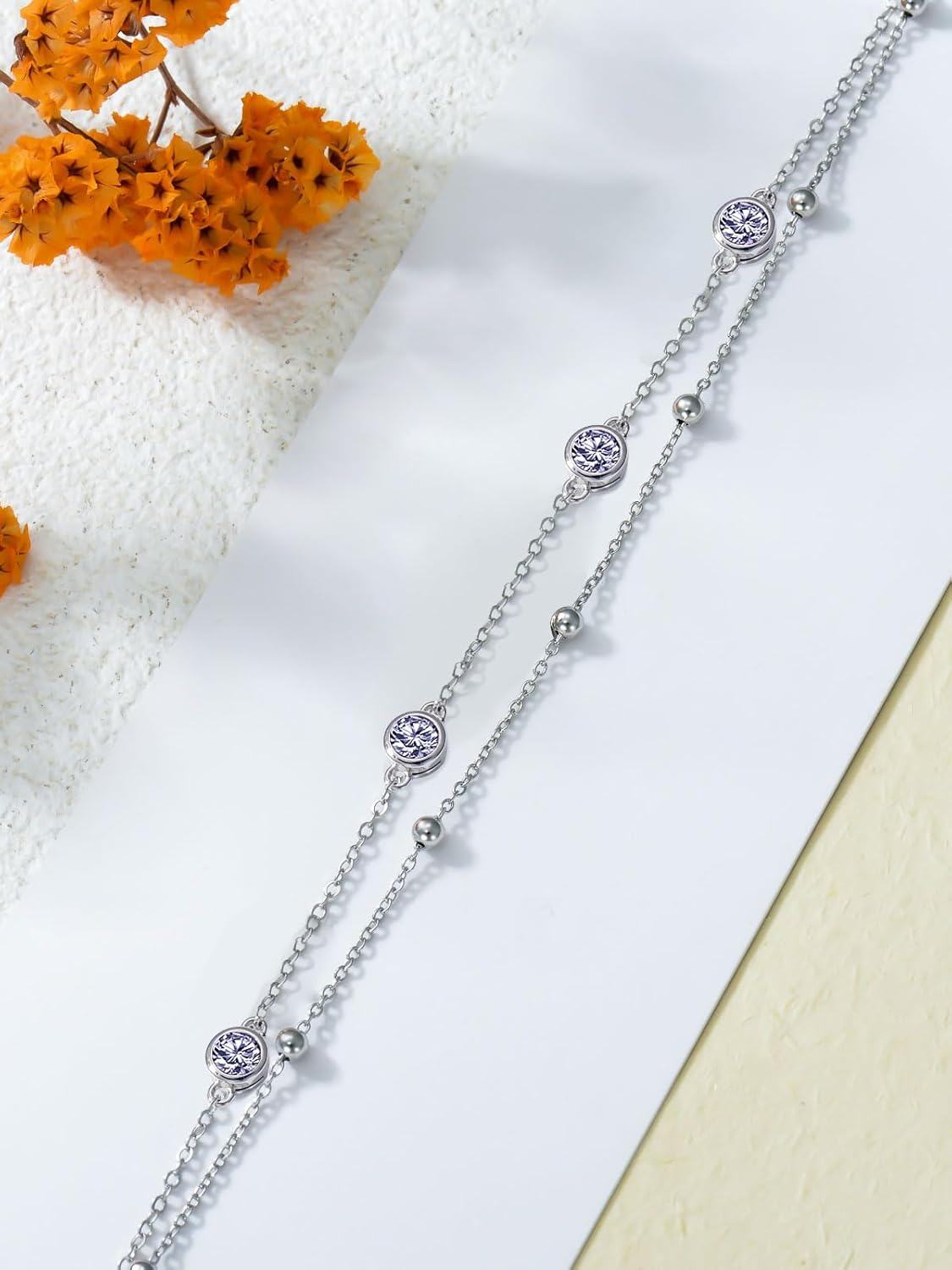925 Sterling Silver Birthstone Anklet Bracelets for Women Gifts-0-4