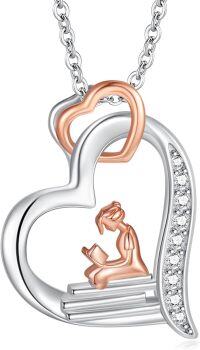 wholesale 925 Sterling Silver Double Heart with Mother and Child Pendant Necklace  for Women Sisters Moms Friends-Book with Girl