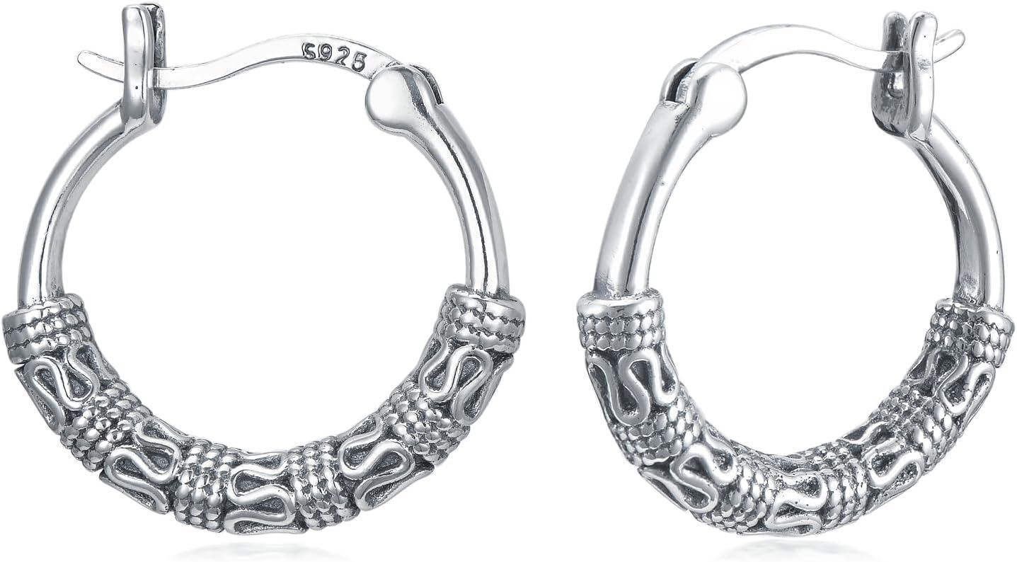 Sterling Silver Bali Boho Oxidized Hypoallergenic Huggie Hoop Earrings for Women Jewelry Gifts-Boho Bali Hoop Earrings-08