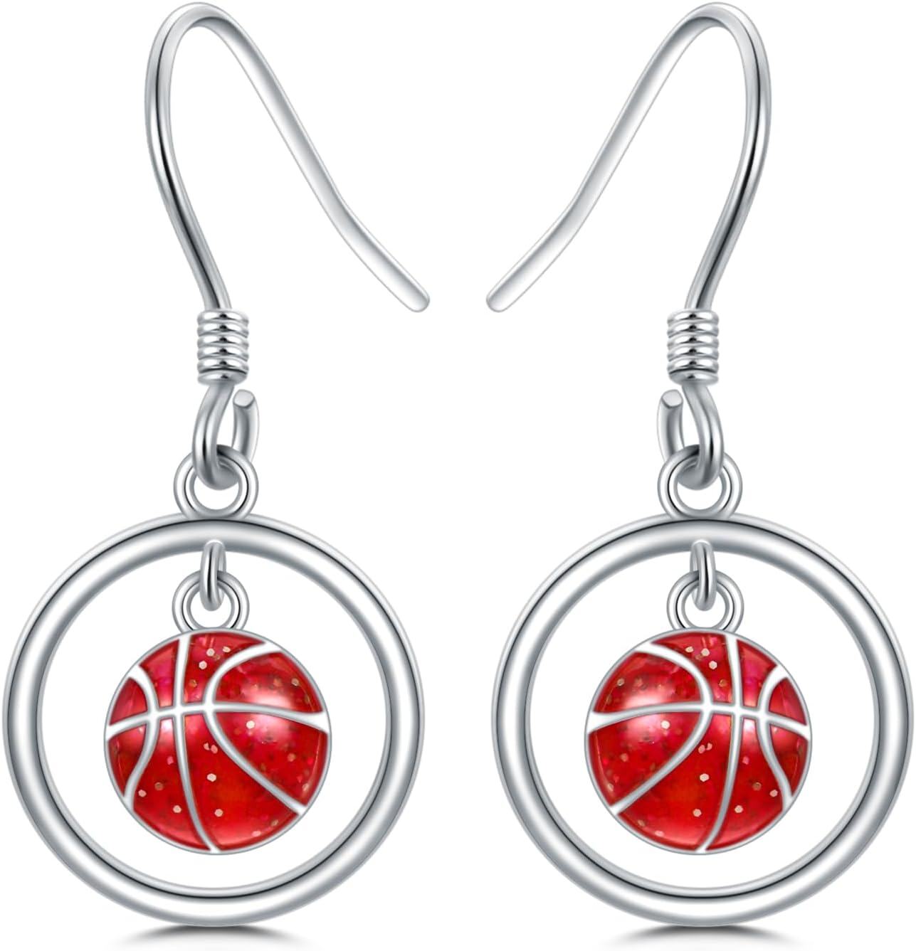  Sterling Silver Sports Earrings for Women Soccer Basketball Volleyball Softball Football Tennis Dangle Jewelry -Basketball-2