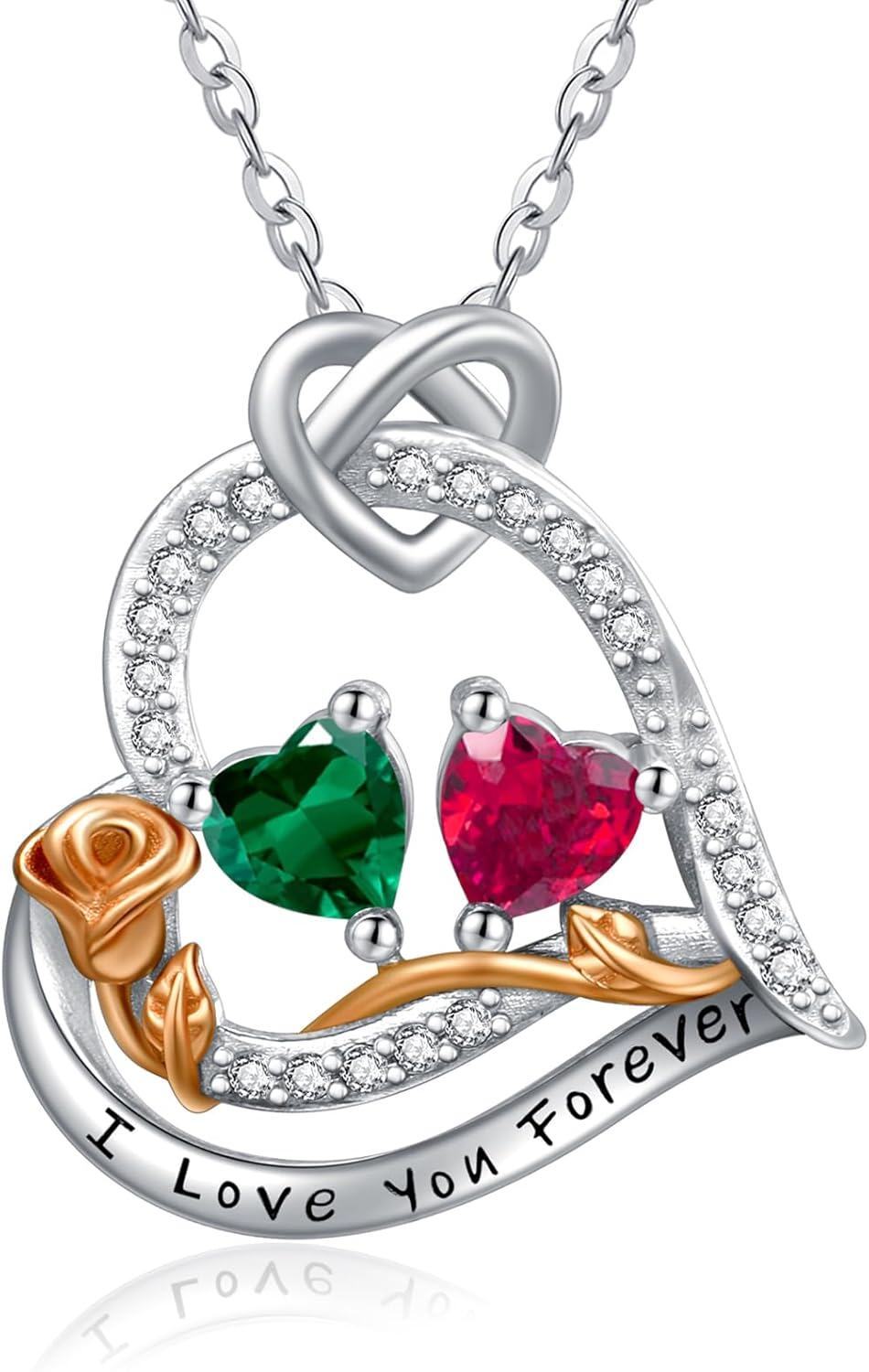  Sterling Silver 2 Birthstones Rose Heart Necklace for Women -05-07-May-Jul