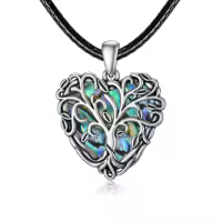 wholesale 925 Sterling Silver Heart Tree of Life Pendant on Black Leather Cord Necklaces Wholesale for Women-C-Tree of Life with Abalone Shell