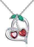 wholesale 925 Sterling Silver Heart-Shaped Double Red Crystal Pendant Necklace with Green Accents and Multicolor Stones-0-0