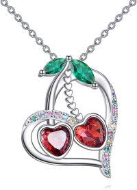 wholesale 925 Sterling Silver Heart-Shaped Double Red Crystal Pendant Necklace with Green Accents and Multicolor Stones-Cherry