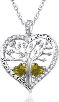 wholesale S925 Sterling Silver & Peridot Tree of Life Heart Pendant Necklace, Love Gifts for Women, Wife, Mom, Grandma, Daughter, 18+2 Chain-08-08-Aug-Aug