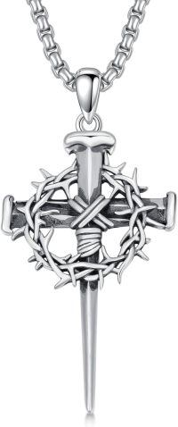 wholesale 925 Sterling Silver Oxidized Crown Of Thorns Nail Cross Pendant Necklace-2-Crown of Thorns
