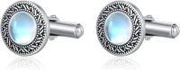 wholesale 925 Sterling Silver Moonstone Round Shape Studs Cufflinks for Men Formal Wear Accessories Gift Set-Blue Moonstone 02