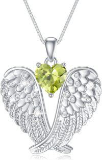 wholesale 925 Sterling Silver Birthstone Angel Wings Pendant Necklace for Women Christmas Gift-8-Aug-Peridot