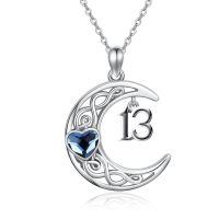 wholesale 925 Sterling Silver Celtic Knot Blue Crystal Heart 13 Moon Pendant Necklace for Women Girls-13th
