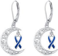 wholesale  Sterling Silver Cancer Awareness Ribbon Moon Dangle Leverback Earrings for Women Survivor Jewelry -Blue